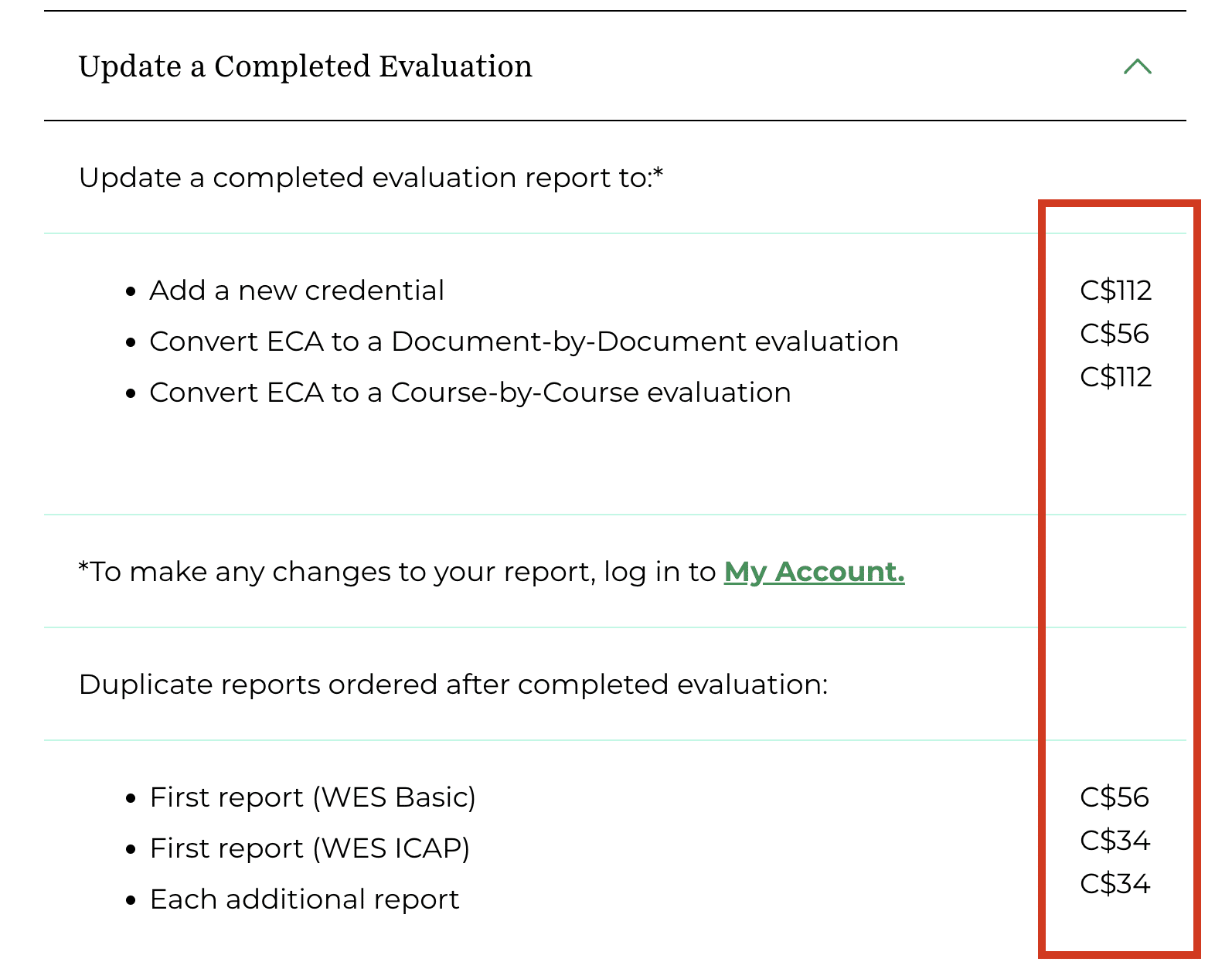 Update a Completed Evaluation - WES ECA Fee 2025