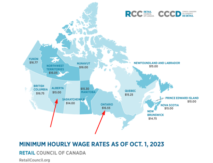 Toronto, Ontario Minimum hourly wage 2023